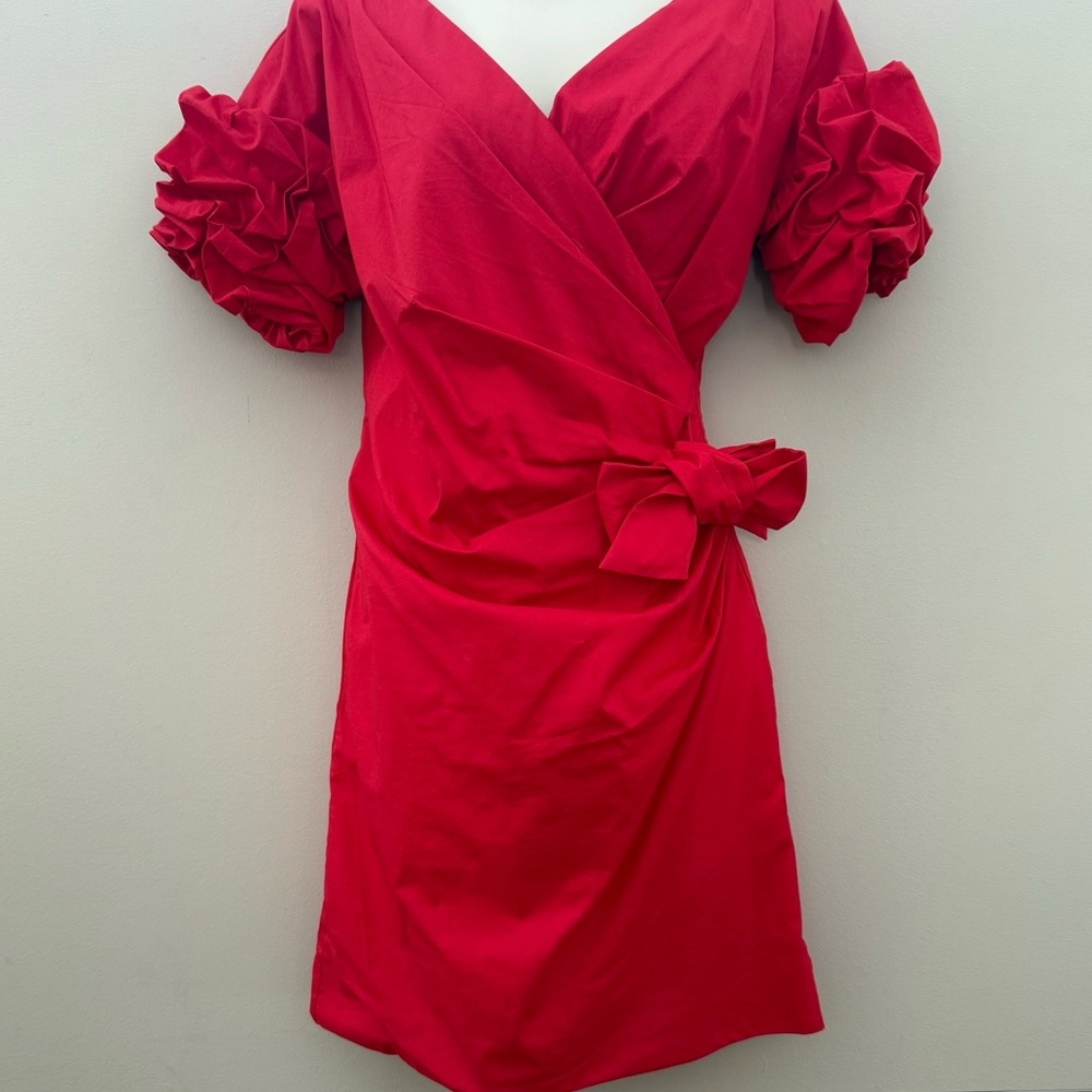 Boston Proper Red Ruched Faux Wrap Dress